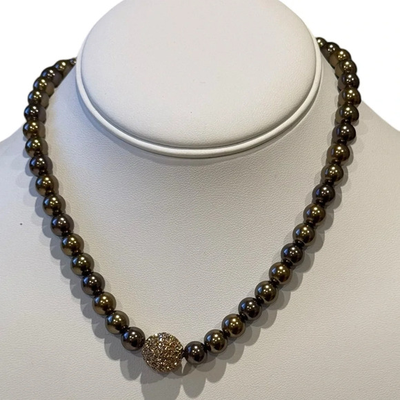 Signed Amber Brown Bead Necklace w/ Sparkly Gold Focal Bead – 18” Elegant - Picture 2 of 9